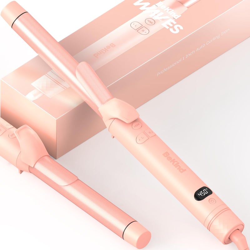 Automatic Rotating Curling Iron by BeKind Waves 1 Inch Rotating Wand for Beach Waves Tourmaline Ceramic Fast Heatup Multiple Temps LongLasting Curls Dual Voltage Peach